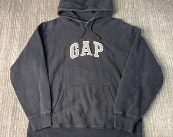 Vintage 2000s Gap Hoodie – L – Black Spell Out Pullover Sweatshirt – Faded Heavyweight Casual Streetwear