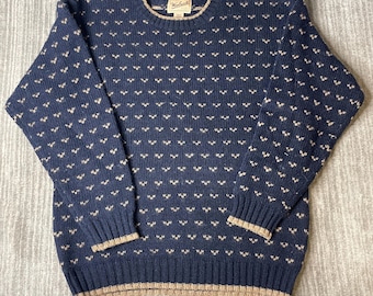Vintage 1990s Woolrich Sweater – L – Navy Handframed Patterned Knit – Heritage Outdoor Grandpa Crewneck – Hong Kong Made