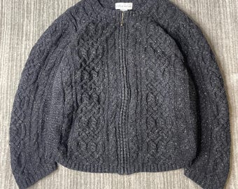 Vintage 1990s Croft & Barrow Silk Blend Cardigan – XL – Charcoal Cable Knit Zip Sweater – 55% Silk Wool Blend – Speckled Winter Knit