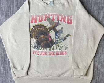 Vintage 1990s Cotton Grove Hunting Sweatshirt – XL – Turkey Duck Pheasant Graphic – Cream Outdoor Sportsman Crewneck