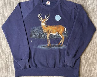 Sudadera vintage Jerzees de los años 90 – Talla XL – Cuello redondo con estampado de ciervos y naturaleza, hecha en EE. UU.