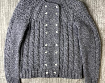 Vintage 1980s J.S.A. Bank Wool Cardigan – L – Gray Shetland Cable Knit Double Breasted Sweater