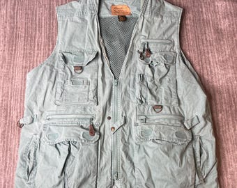 Vintage 1990s Eddie Bauer Fishing Vest – XL – Multi Pocket Utility Outdoor Outfitter – Faded Sage Green Cotton – Fly Fishing Vest