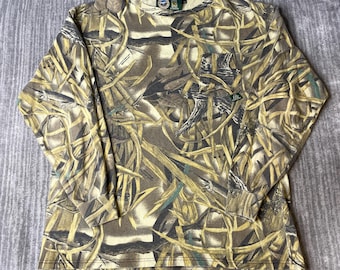 Camiseta vintage de manga larga Ducks Unlimited de los años 2000 – XL – Camiseta de camuflaje Mossy Oak para caza y actividades al aire libre con bolsillo