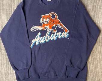Sudadera vintage Jerzees Auburn Tigers de los años 90 – Talla L – Hecha en EE. UU. – Estampado de tigre azul marino – Sudadera de cuello redondo de fútbol americano universitario