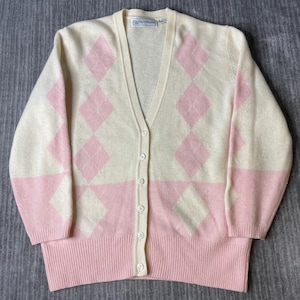 Vintage 1980s Evan-Picone Argyle Cardigan – L – Pink Cream Lambswool Rabbit Hair Knit – Preppy Pastel Button Front Sweater