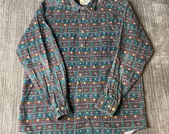 Vintage 1990s Shelter Island Outfitters Button Up Shirt – L/XL – Southwestern Aztec Print – Teal Western Outdoor Shirt