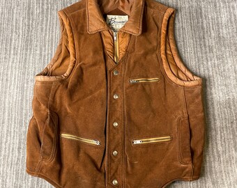 Vintage 1980s Berman’s Leather Vest – 46 – Brown Suede Snap Front Biker Western Lined Utility Pocket Vest