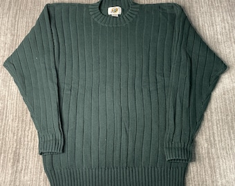 Vintage 1990s Field Gear Knit Sweater – L – Forest Green Ribbed Cotton Sweater – Minimal Outdoor Classic Textured Knit
