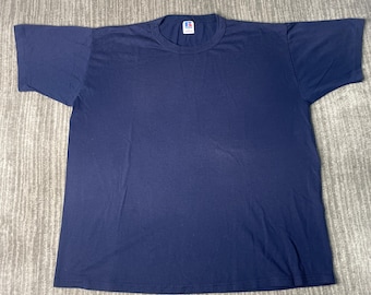 Vintage 90s Russell Athletic T Shirt – XL – Made in USA Navy Blank Tee – Minimal Single Stitch Style Essential