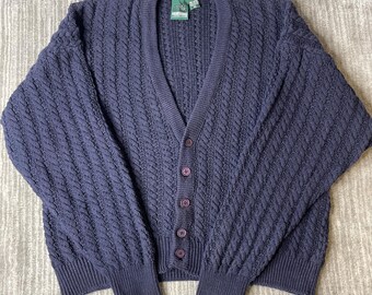 Vintage 1990s Northern Reflections Cardigan – XL – Made in USA Navy Cable Knit Cotton Sweater – Chunky Button Front Grandpa Knit