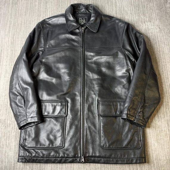 Vintage 90s Jos A Bank Leather Coat – XL – Black Leather Field Jacket – Classic Heritage Utility Outerwear
