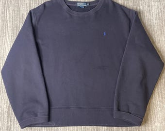 Sudadera vintage Polo Ralph Lauren de los años 2000 – XL – Sudadera azul marino de cuello redondo con forro polar y pony bordado.