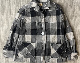 Vintage Pendleton wollen jas uit de jaren 60 – Maat M – Zwart-grijs geruit – Jas van zuivere scheerwol met opgestikte zakken – Bovenkleding uit het midden van de 20e eeuw, VS