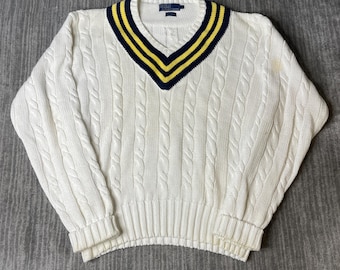 Vintage 1990s Polo Ralph Lauren Cricket Sweater – M – Cream Cable Knit V Neck Cotton Preppy Jumper