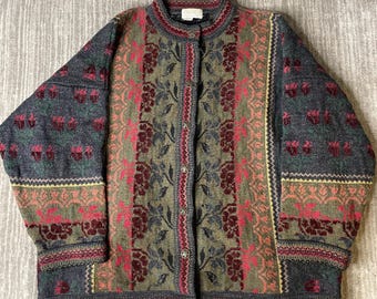 Vintage 1990s Cheyenne’s Wool Cardigan – L – Made in England Floral Jacquard Knit – Cottagecore Tapestry Button Sweater