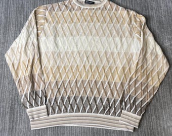 Vintage 1990s St. Croix Sweater – L – USA Made Diamond Knit Textured Luxury Cotton Blend Cream Crewneck Pullover