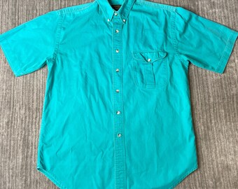 Vintage 1990s Eddie Bauer Shirt – M – Turquoise Raritan Twill Button Up – Short Sleeve Outdoor Cotton Shirt