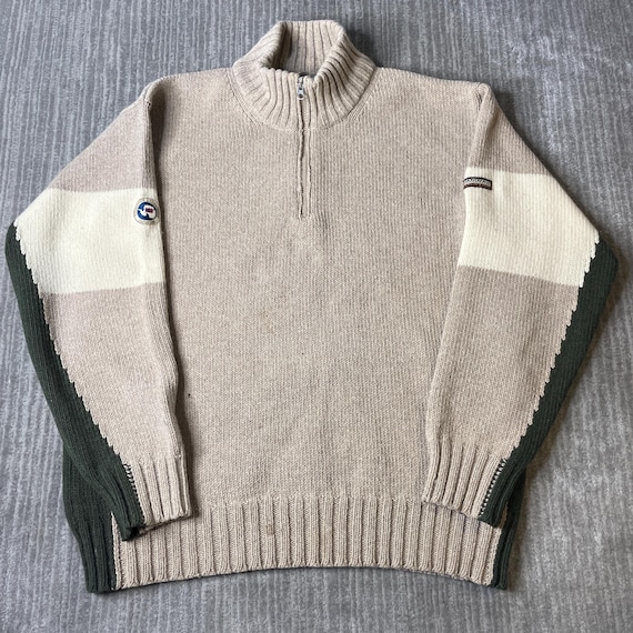 Napapijri, Vintage 1990s Napapijri Geographic Wool Sweater – L – Made in Italy Quarter Zip – Colorblock Ski Knit – Pure New Wool