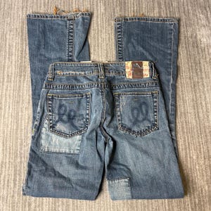 Vintage 2000s Marlena Patchwork Jeans – 27 – Low Rise Flare Denim Pants – Distressed Reworked Y2K Boho Festival Jeans