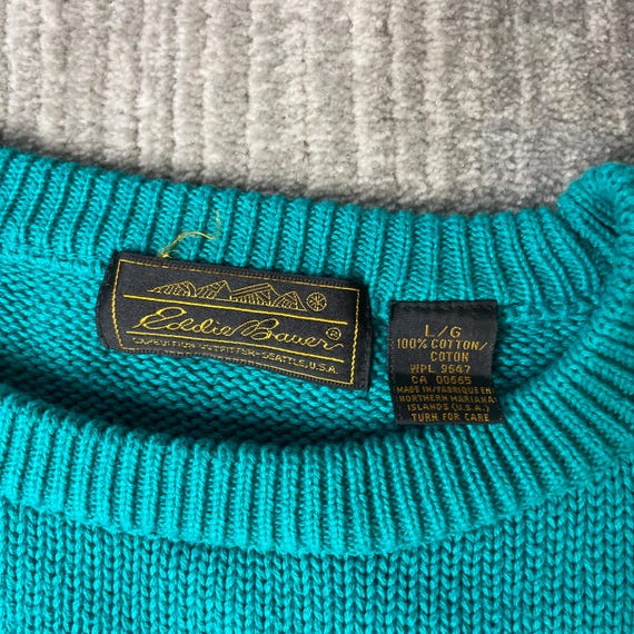 トップス 1990's Eddie Bauer cotton knit sweater L Vintage 1990s Eddie Bauer Cotton Sweater – L – Turquo… - Gem