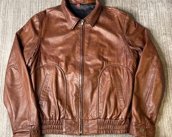 Vintage 1990s Pelle Studio Leather Jacket – 56 – Brown Zip Front Bomber Coat – Italian Lined Genuine Leather