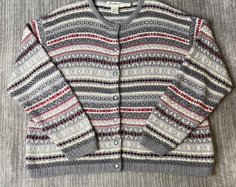 Vintage 1990s Eddie Bauer Cardigan – L – Gray Fair Isle Cotton Knit Sweater – Button Front Nordic Style