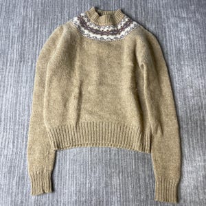 Vintage 1970s Christopher Rand Wool Sweater – M – Tan Fair Isle Yoke Knit – Mock Neck Nordic Pullover – Cottage Winterwear