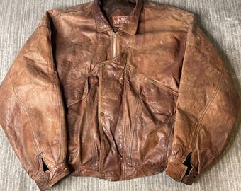 Chaqueta de cuero Revos vintage de los años 80 – Talla 48 – Chaqueta bomber de cuero marrón desgastado estilo rancho western Ecuador