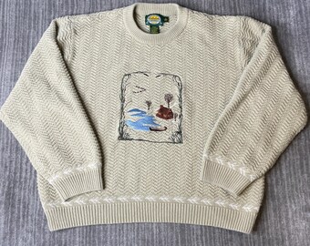 Vintage 1990s Cabela’s Cotton Sweater – XL – Cream Cabin Lake Embroidered Knit Pullover – Women’s Outdoor Sweater