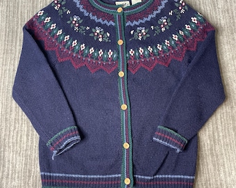 Vintage 1990s Northern Reflections Knit Cardigan – L – Floral Fair Isle Wool Blend Button Up Cozy Cottage