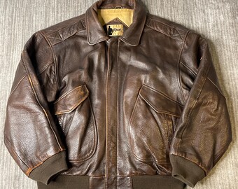 Chaqueta bomber de cuero Rage vintage de los años 90 – XL – Chaqueta de aviador de cuero marrón desgastado – Abrigo de motociclista extragrande