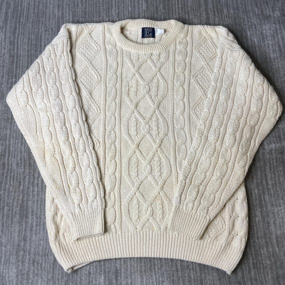 Vintage 1990s Field Gear Cable Knit Sweater – Size L – Cream Fisherman Knit – Chunky Aran Style – Preppy Winter Pullover