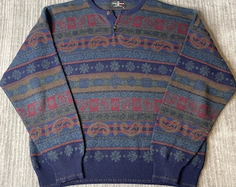 Vintage 1990s Italian Sweater Co. Sweater – Size L – Made in Italy Geometric Knit – Blue Paisley Henley Grandpa Pullover