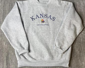 Vintage 2000s Kansas Jayhawks Sweatshirt – M – Embroidered NCAA College Sports Grey Crewneck Pullover