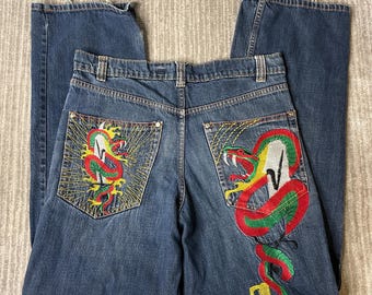 Vintage 2000s Ed Hardy Jeans – 34x32 – Snake Dragon Embroidered Denim Pants – Y2K Tattoo Streetwear