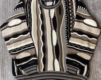 Vintage 1990s Protégé Collection 3D Knit Sweater – M – Black Brown Cream Textured Geometric Crewneck – Retro Statement Pullover