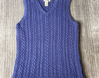 Vintage 2000s Eddie Bauer Sweater Vest – Women's L Tall – Purple Cable Knit Cotton Preppy Layering Vest