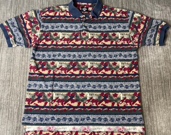 Vintage 1990s Tabasco Polo Shirt – L – All Over Print Hot Sauce Parrot Tropical Novelty Golf Shirt Made in Thailand