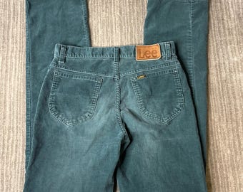 Pantalones de pana Lee vintage de los años 80 – Talla W30/31 – Pierna recta color verde azulado – Tiro alto – Estilo retro western