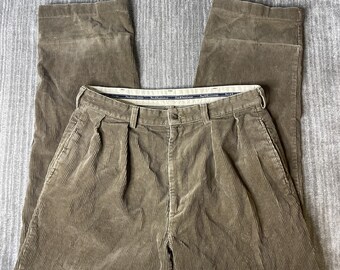 Vintage 1990s Polo Ralph Lauren Corduroy Pants – 35x31 – Tan Polo Cords Pleated Trousers – Made in USA Preppy Wide Leg Pants