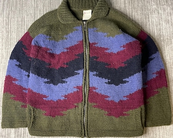 Vintage 1990s Bolivian Imports Wool Cardigan – L/XL – Handmade Ecuador Zip Sweater – Southwestern Chunky Knit