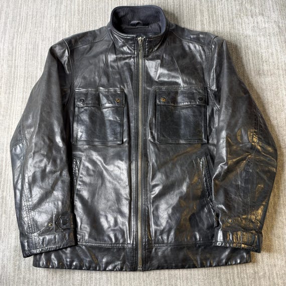 Vintage 2000s Gap Leather Jacket – XL – Black Genuine Leather Four Pocket Utility Coat – Y2K Moto Style – Ribbed Stand Collar