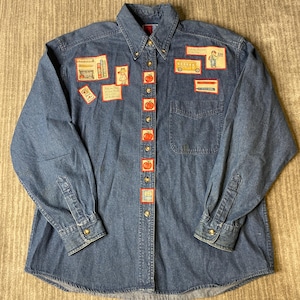 Vintage 1990s Sunbelt Teacher Denim Shirt – L – School Apple Patchwork – Books Bus Pencil Applique – Classroom Button Down