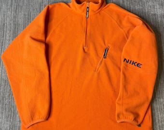 Vintage 1990s Nike Fleece Pullover – Size XL – Bright Orange Quarter Zip – Embroidered Sleeve Logo – Retro Outdoor Sportswear