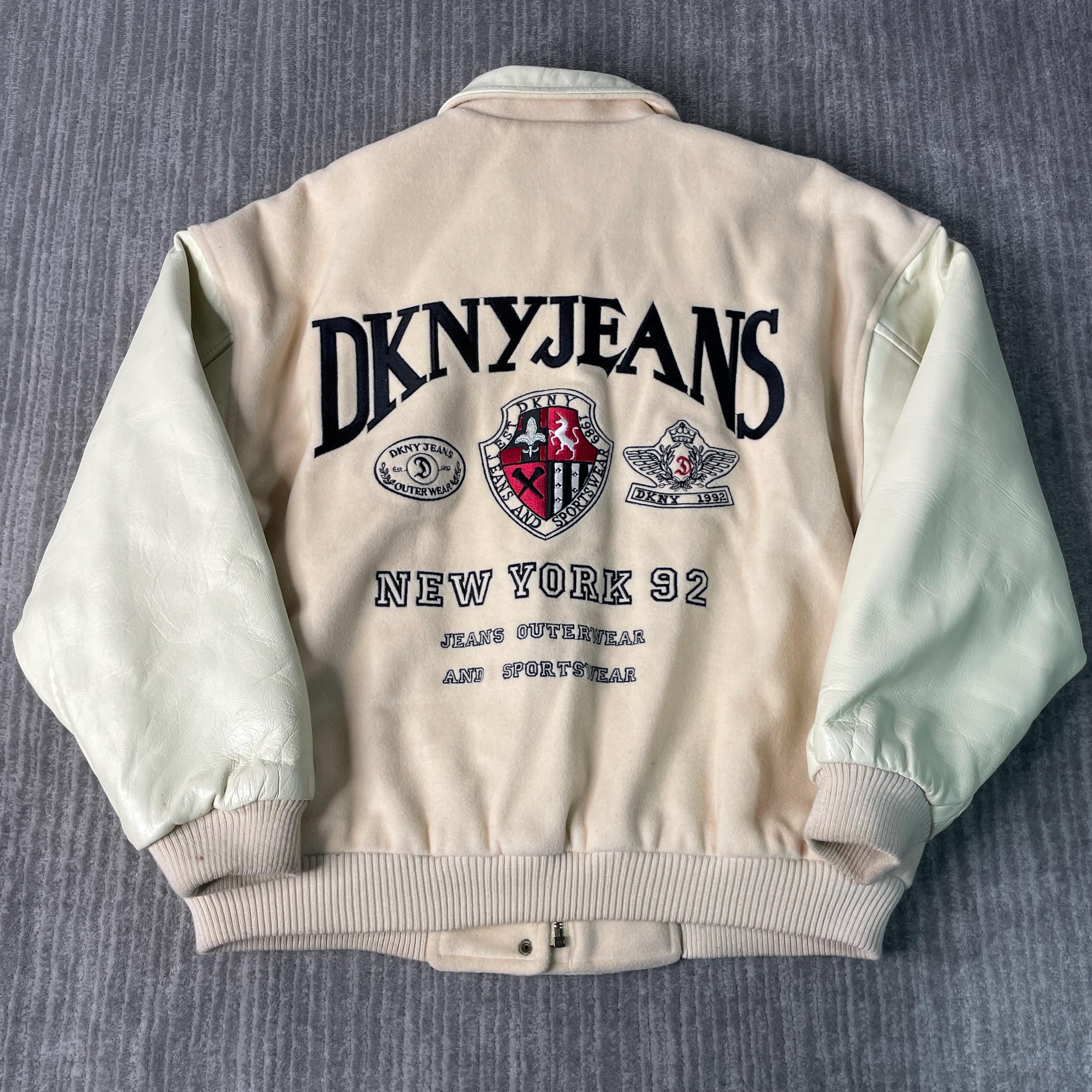 Vintage 90s DKNY Jeans Varsity Jacket – Cream Wool & Leather