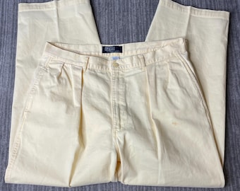 Vintage 1990s Polo Ralph Lauren Pants – 32x30 – Yellow Pleated Chino Trousers Preppy Casual Slacks
