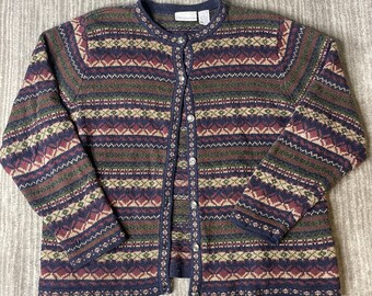 Vintage 1990s Croft & Barrow Fair Isle Cardigan – XL – Wool Blend Nordic Knit – Navy Green Burgundy Grandpa Sweater – Cottagecore