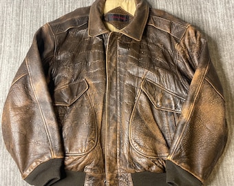 Vintage 2000s Mirage Leather Jacket – XL – Distressed Brown Bomber Flight Jacket Rugged Aviator Moto Outerwear