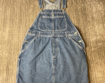 Vintage 1990s Tommy Hilfiger Overall Dress – L – Blue Denim Bib Skirt – Logo Button Utility Jean Jumper